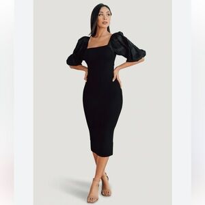 359 Baltic Born Weyland Black Puff Sleeve Midi Dress Square Neck Bodycon S